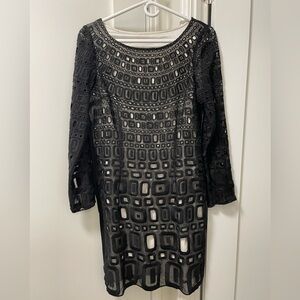 Elegant Black and White Geometric Lace Long Sleeve Silk Dress